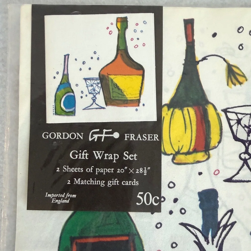 Gordon Fraser Gift‎ Wrap Set Vintage England Multicolor MCM Floral Cocktail 2pk